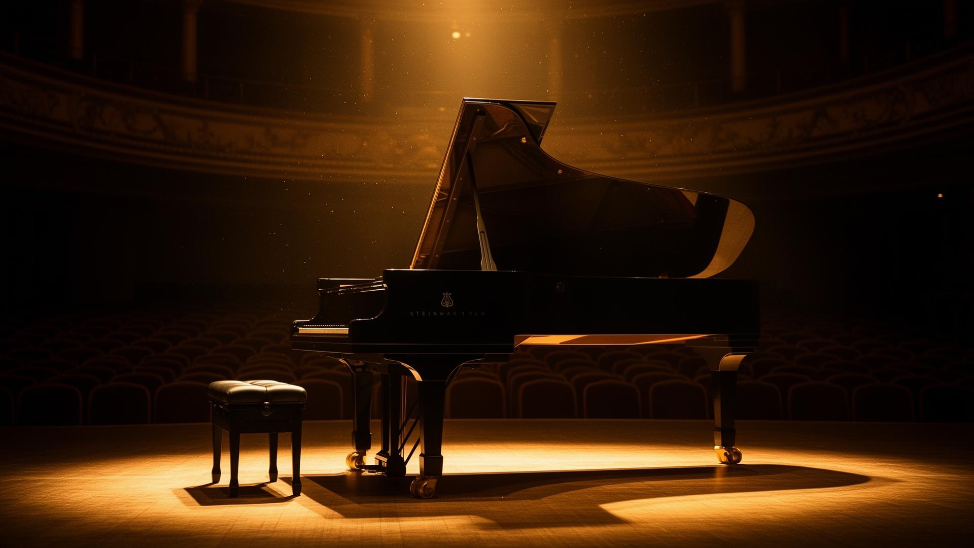 Steinway-Flügel auf der Bühne eines Konzertsaals im warmen Spotlight